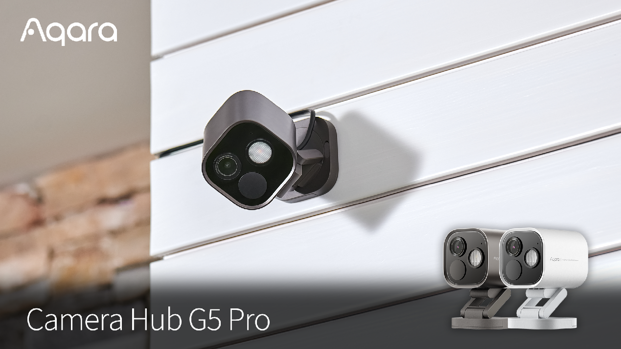 Aqara Camera Hub G5 Pro outdoor cameras shown mounted and freestanding in dark and white finishes.