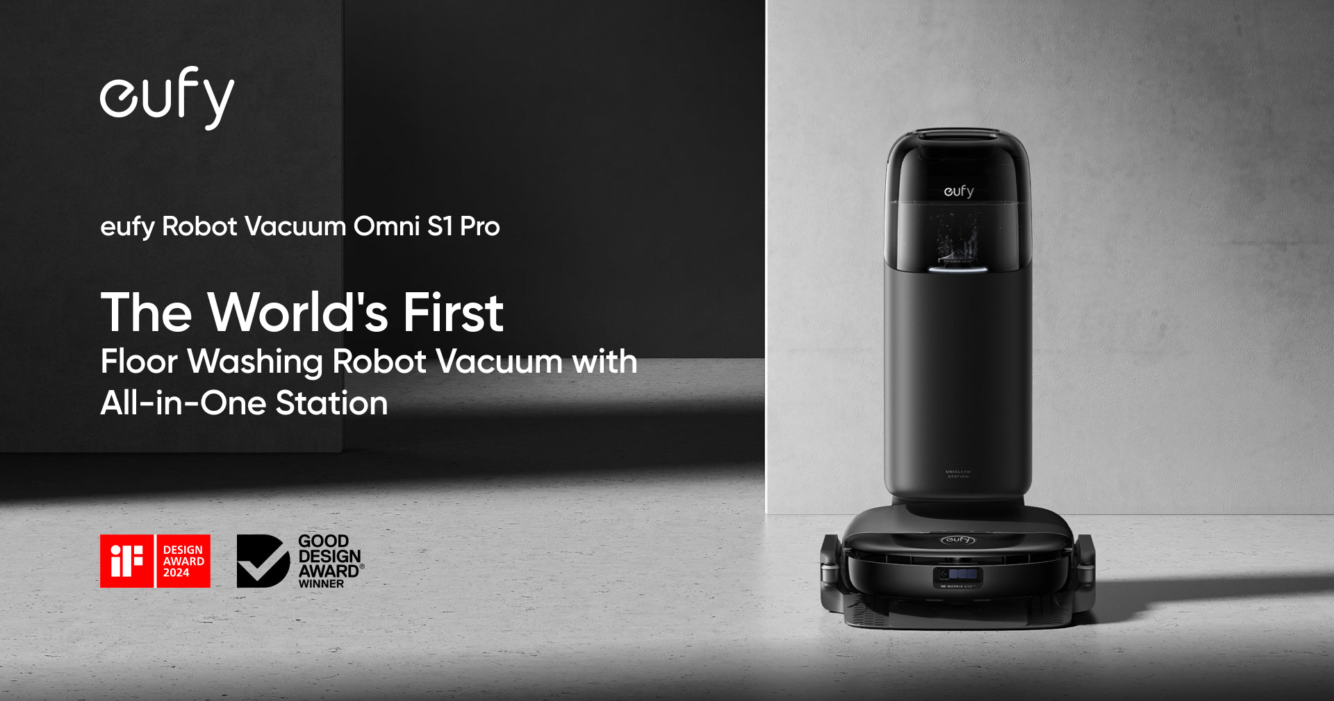 Black eufy Robot Vacuum Omni S1 Pro positioned at its tall all-in-one cleaning station.