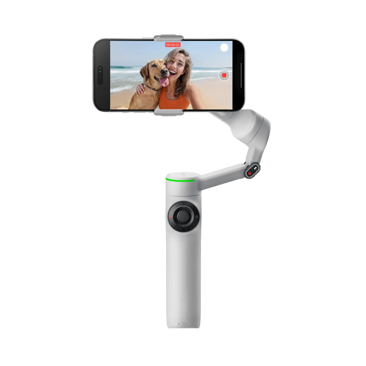 Stone Gray Insta360 Flow 2 Pro gimbal holding a smartphone.