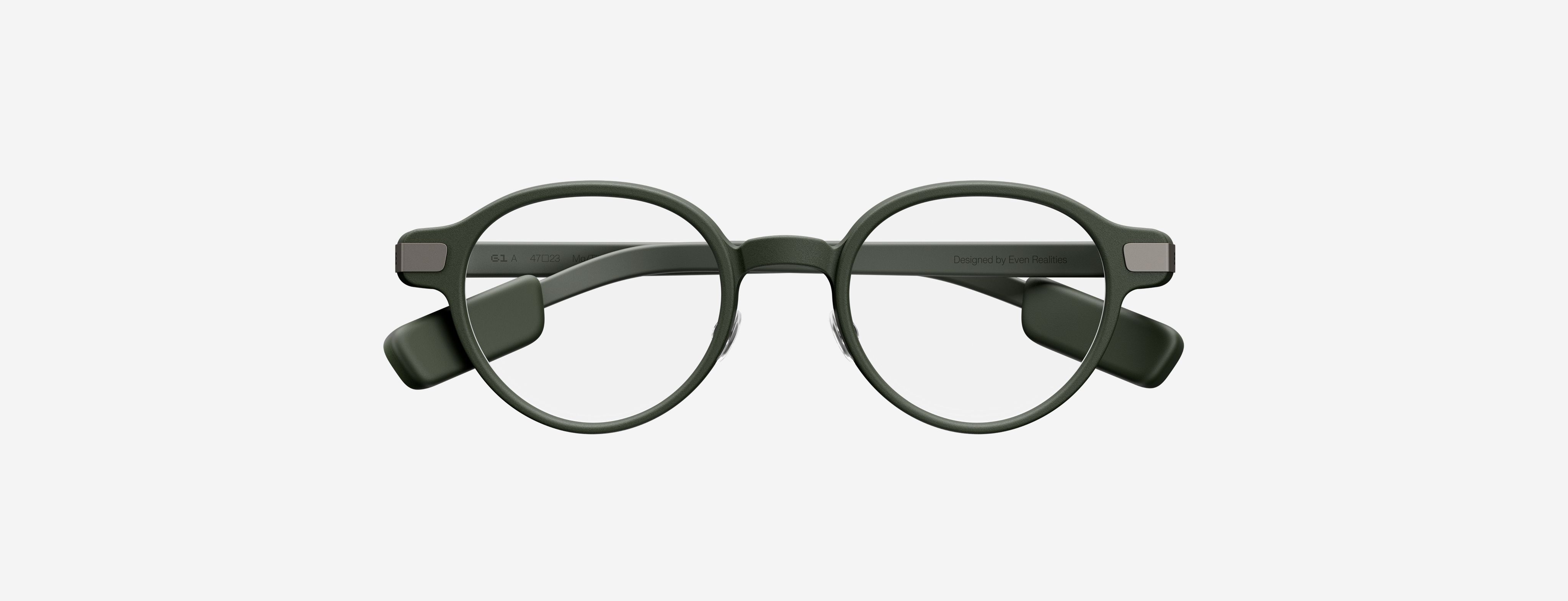 Round-frame Even G1 smart glasses shown front-on against a light background.