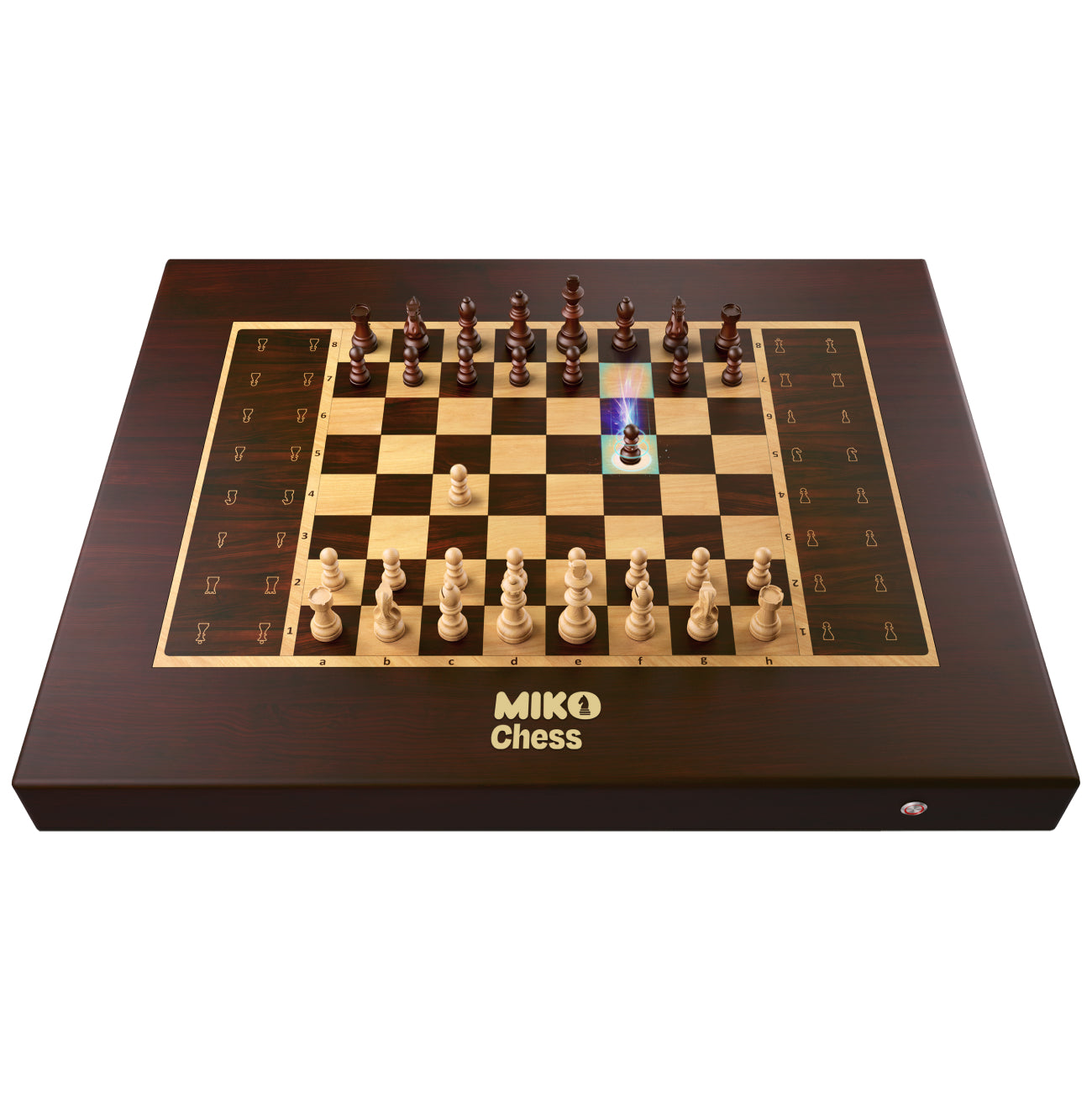 Rosewood-finish Miko Chess Grand board with chess pieces in midgame.