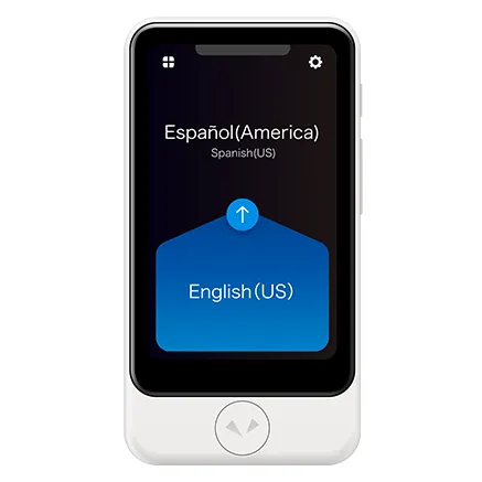White Pocketalk S2 Plus translator shown from the front with Spanish and English on its touchscreen.