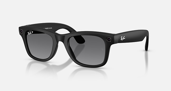 Ray-Ban Meta Wayfarer (Gen 2) glasses with matte black frames and graphite polarized lenses, shown at a three-quarter angle.