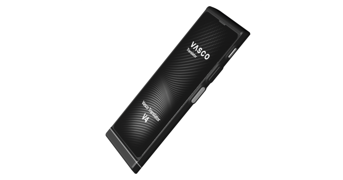 Black Onyx Vasco Translator V4 handheld translator shown at an angle with its screen and side controls visible.