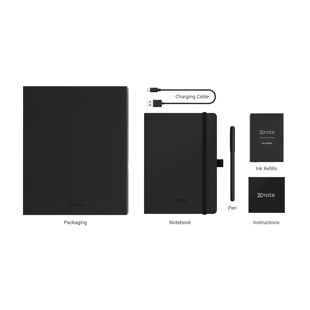 XNote Smart Writing Set with black notebook, smart pen, charging cable, refills, instructions, and packaging.